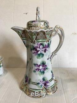 Vintage Hand-painted Violets Chocolate Tea Set Gold Trim Unmarked Nippon Pot Cup