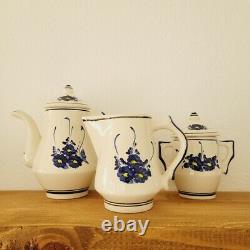 Vintage Handmade Blue & White Floral Painted Teapot Sugar Bowl Creamer Set