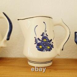 Vintage Handmade Blue & White Floral Painted Teapot Sugar Bowl Creamer Set