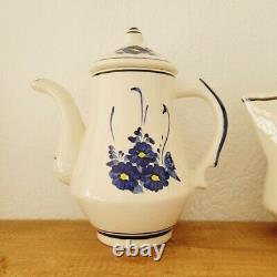 Vintage Handmade Blue & White Floral Painted Teapot Sugar Bowl Creamer Set