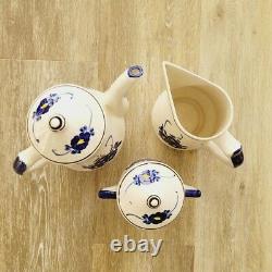 Vintage Handmade Blue & White Floral Painted Teapot Sugar Bowl Creamer Set