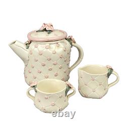 Vintage Handmade Teapot, Creamer and Sugar with Pink Flowers (Signed)