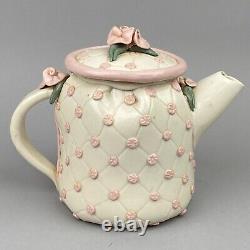 Vintage Handmade Teapot, Creamer and Sugar with Pink Flowers (Signed)