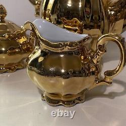 Vintage JKW Dec. Karlsbad W Germany Gold Coffee/Tea Pot With Sugar & Creamer