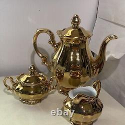 Vintage JKW Dec. Karlsbad W Germany Gold Coffee/Tea Pot With Sugar & Creamer