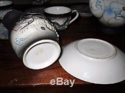 Vintage Japanese Black gold Dragonware Tea pot set for 6 17 pcs Moriage Ornate