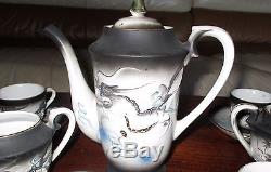 Vintage Japanese Black gold Dragonware Tea pot set for 6 17 pcs Moriage Ornate