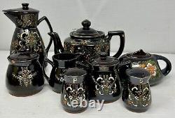 Vintage Japanese Brown Floral Tea Pot Set, Ceramic/Clay Hand Painted