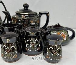 Vintage Japanese Brown Floral Tea Pot Set, Ceramic/Clay Hand Painted