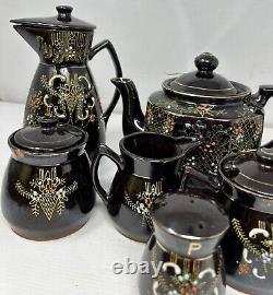 Vintage Japanese Brown Floral Tea Pot Set, Ceramic/Clay Hand Painted