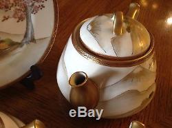 Vintage Japanese Kutani Tea Set Teapot Creamer Covered Sugar Cups Saucers Plates