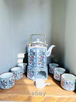 Vintage Japanese Tea Set Toscany Peaches Design 6 cups, Pot & Warmer Stand