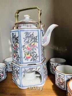 Vintage Japanese Tea Set Toscany Peaches Design 6 cups, Pot & Warmer Stand