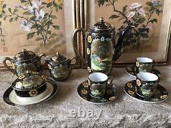 Vintage Japanese Teapot Set Hand Painted Floral Black Gold Japan Antique Rare