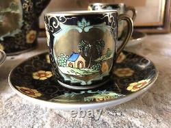 Vintage Japanese Teapot Set Hand Painted Floral Black Gold Japan Antique Rare