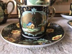 Vintage Japanese Teapot Set Hand Painted Floral Black Gold Japan Antique Rare