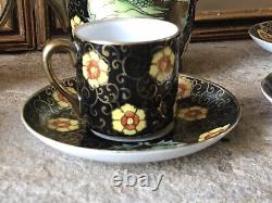 Vintage Japanese Teapot Set Hand Painted Floral Black Gold Japan Antique Rare