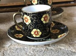 Vintage Japanese Teapot Set Hand Painted Floral Black Gold Japan Antique Rare