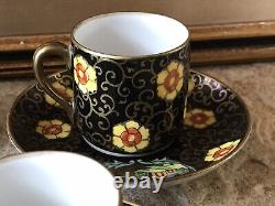 Vintage Japanese Teapot Set Hand Painted Floral Black Gold Japan Antique Rare