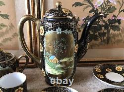 Vintage Japanese Teapot Set Hand Painted Floral Black Gold Japan Antique Rare