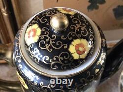 Vintage Japanese Teapot Set Hand Painted Floral Black Gold Japan Antique Rare