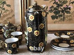 Vintage Japanese Teapot Set Hand Painted Floral Black Gold Japan Antique Rare