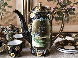 Vintage Japanese Teapot Set Hand Painted Floral Black Gold Japan Antique Rare