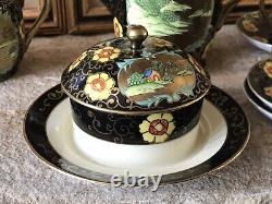 Vintage Japanese Teapot Set Hand Painted Floral Black Gold Japan Antique Rare