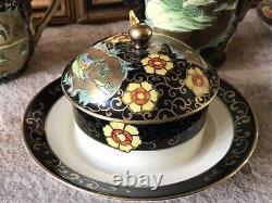 Vintage Japanese Teapot Set Hand Painted Floral Black Gold Japan Antique Rare