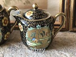 Vintage Japanese Teapot Set Hand Painted Floral Black Gold Japan Antique Rare