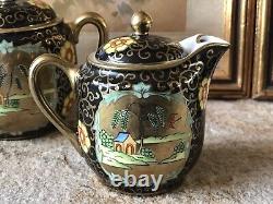 Vintage Japanese Teapot Set Hand Painted Floral Black Gold Japan Antique Rare