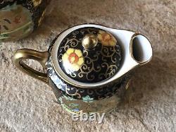 Vintage Japanese Teapot Set Hand Painted Floral Black Gold Japan Antique Rare