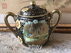 Vintage Japanese Teapot Set Hand Painted Floral Black Gold Japan Antique Rare