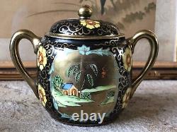 Vintage Japanese Teapot Set Hand Painted Floral Black Gold Japan Antique Rare