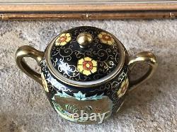 Vintage Japanese Teapot Set Hand Painted Floral Black Gold Japan Antique Rare