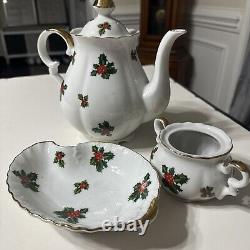 Vintage Lefton China Christmas Holly + Berry Coffee Tea Pot 7948 3 Piece Set