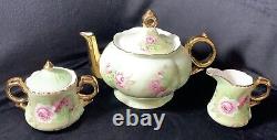 Vintage Lefton Green Heritage Roses China Teapot Tea Set And Bonus Serving Plate