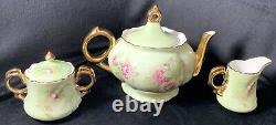 Vintage Lefton Green Heritage Roses China Teapot Tea Set And Bonus Serving Plate