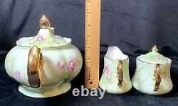 Vintage Lefton Green Heritage Roses China Teapot Tea Set And Bonus Serving Plate