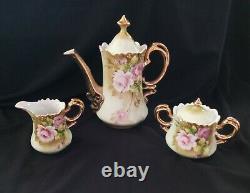 Vintage Lefton Porcelain Heritage Green Pink Rose Tea Pot, Creamer, Sugar Bowl Set