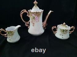 Vintage Lefton Porcelain Heritage Green Pink Rose Tea Pot, Creamer, Sugar Bowl Set