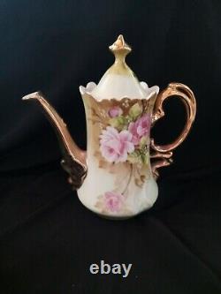 Vintage Lefton Porcelain Heritage Green Pink Rose Tea Pot, Creamer, Sugar Bowl Set