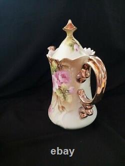 Vintage Lefton Porcelain Heritage Green Pink Rose Tea Pot, Creamer, Sugar Bowl Set