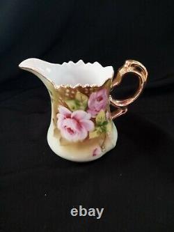 Vintage Lefton Porcelain Heritage Green Pink Rose Tea Pot, Creamer, Sugar Bowl Set