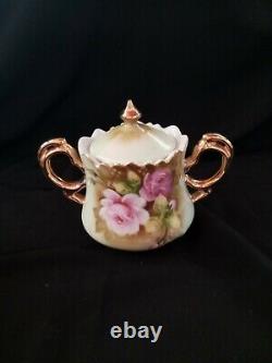 Vintage Lefton Porcelain Heritage Green Pink Rose Tea Pot, Creamer, Sugar Bowl Set