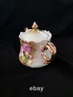 Vintage Lefton Porcelain Heritage Green Pink Rose Tea Pot, Creamer, Sugar Bowl Set