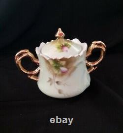 Vintage Lefton Porcelain Heritage Green Pink Rose Tea Pot, Creamer, Sugar Bowl Set