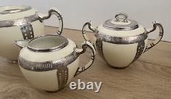 Vintage Lenox Belleek Silver Overlay Tea Set Teapot Creamer Sugar As-Is