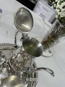 Vintage Leonard Silverplate Service Set Tea Pot, Creamer, Sugar With Tray
