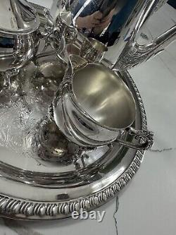 Vintage Leonard Silverplate Service Set Tea Pot, Creamer, Sugar With Tray